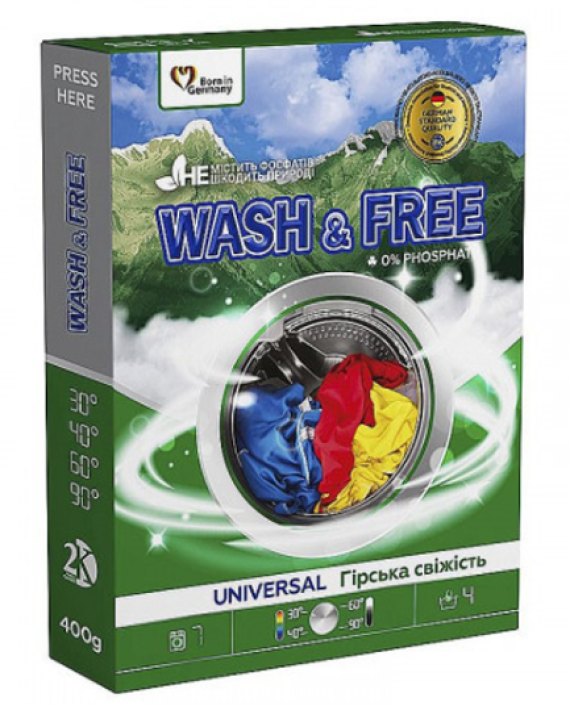 Порошок  д/прання WASH&FREE 400г (897) Гірська Свіжість ручне прання