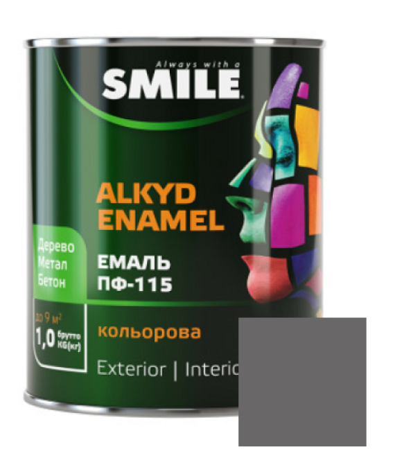 Фарба емаль алкідна по дереву і металу ПФ-115 ТМ Smile темно-сіра 0,9кг