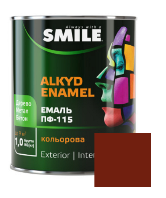 Фарба емаль алкідна по дереву і металу ПФ-115 ТМ Smile червоно-коричнева 0,9кг