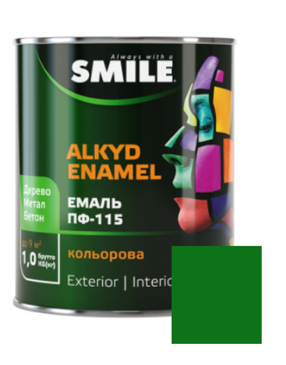 Фарба емаль алкідна по дереву і металу ПФ-115 ТМ Smile яскраво-зелена 0,9кг