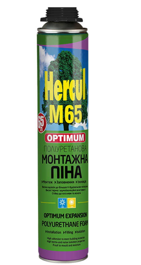 Піна монтажна Hercul,М65 ПРОФ OPTIMUM 850мл (вихід 65л) всесезонна однокомпонентна -10 +30